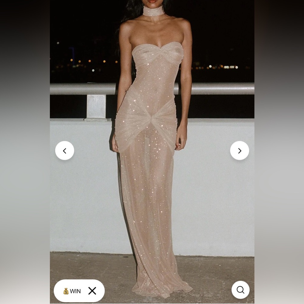 HOT 🔥 NWT SISTERPARTY SHIMMERING STRAPLESS RUCHED SEE THROUGH MAXI DRESS- BEIGE